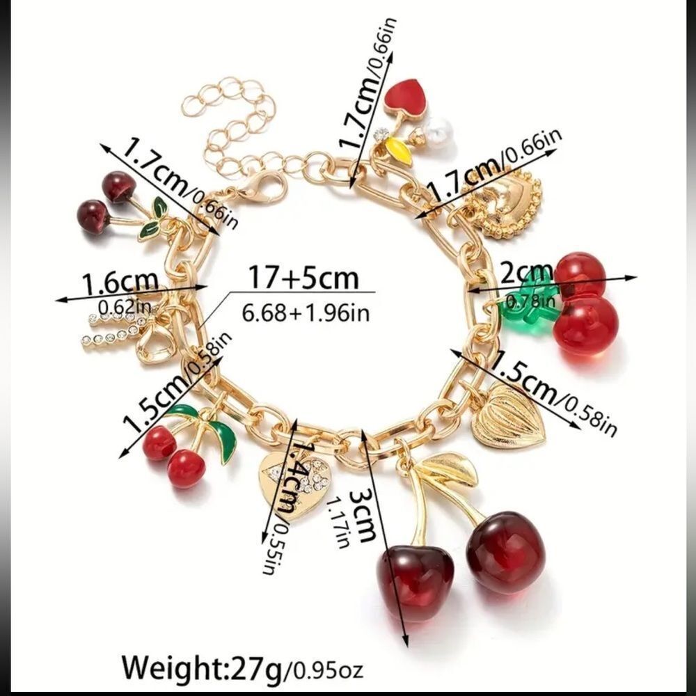 Gold Cherry Alloy  Charm Bracelet and earrings - Picture 5 of 13